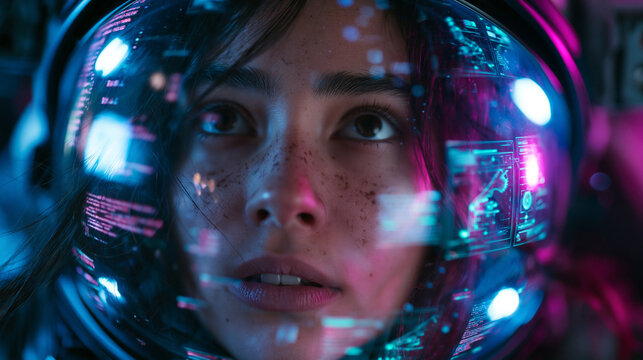 Female Astronaut Looking Up Through Futuristic Digital Space Helmet