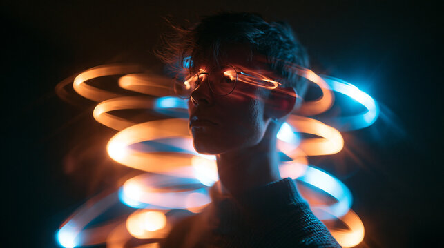 Futuristic Portrait of Young Man Surrounded by Glowing Light Trails