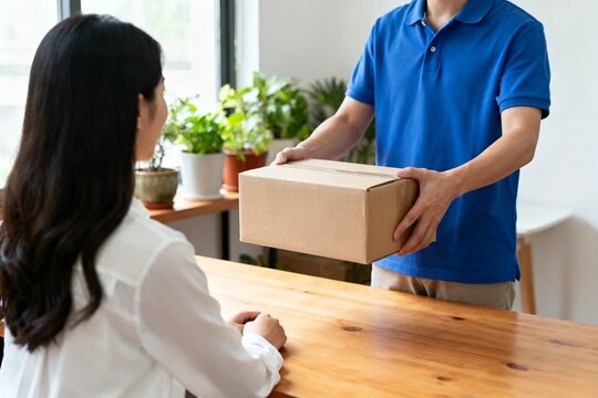Delivery man handing box to woman at home