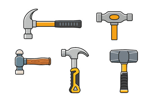 Set of assorted hammer tool icons in flat vector style
