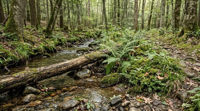 Forest stream with fallen log and lush greenery