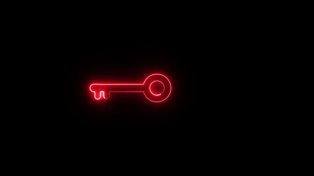 Glowing neon line Key icon isolated on black background. security privacy password protection safety animated. Neon blue key Animation on Black Background.