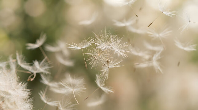 A close up macro shot of delicate white dandelion seeds floating through the air on a soft blurred background