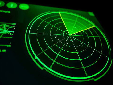 A dark futuristic green radar screen displaying digital tracking data and navigation metrics on a glowing monitor display