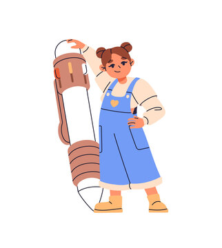 Tiny kid holds big multicolor pen. Happy little girl with huge stationery with many ink rods. Cute child with school supply for drawing and writing. Flat isolated vector illustration on white