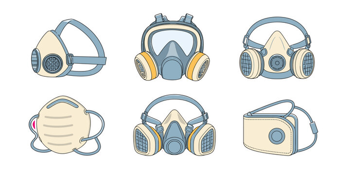 Set of protective respirator and face mask illustrations