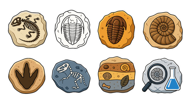 Set of prehistoric fossils and dinosaur trace cartoon icons