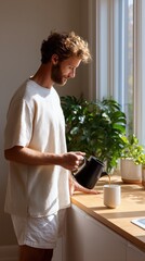 Fototapeta premium Woman waters a houseplant by a sunny window at home, mindful routine, indoor gardening, cozy lifestyle, plant care.