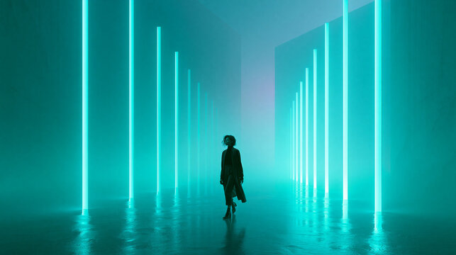 Woman Walking Through Futuristic Cyan Neon Light Corridor