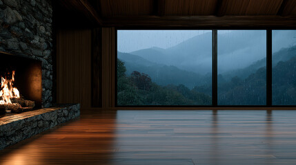 Obraz premium Cozy cabin interior with stone fireplace, wooden floor, large window, night rain, mountain view, warm atmosphere