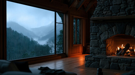 Obraz premium Cozy cabin interior with stone fireplace warm fire large window mountain view wooden floor night peaceful inviting tranquil