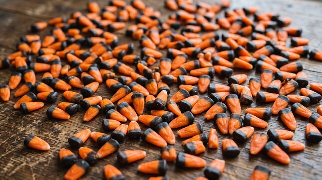 A pile of orange and black candy corn scattered on a rustic wooden table surface for Halloween