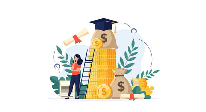Pensive woman standing next to large bags of money and coins while thinking about the high cost of university education.