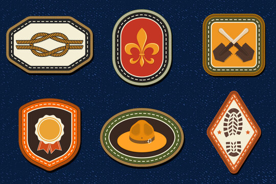 Vintage Scout Merit Badge Collection Vector, Retro Camping Embroidery Patch Set with Rope Knot, Fleur de Lis, Award, Campaign Hat, Pinecone and Campcraft Symbols