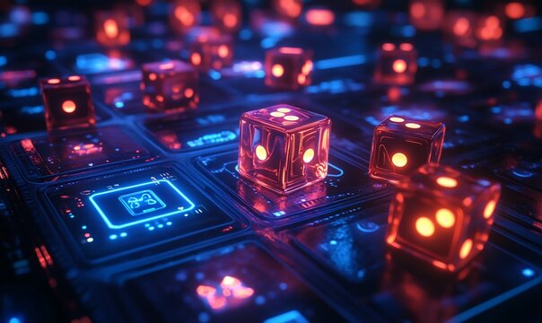 Glowing dice on digital board, chance, risk, technology background