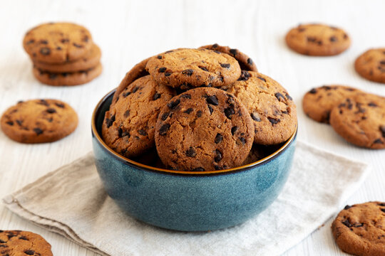 Homemade Chocolate Chip Cookies in a Bowl, side view. Close-up.