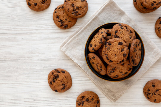 Homemade Chocolate Chip Cookies in a Bowl, top view. Copy space.