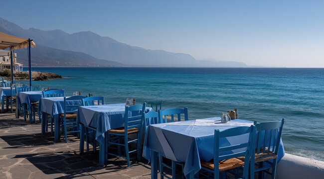 Empty blue tables and chairs line a Greek seaside restaurant terrace with mountains and calm water view.