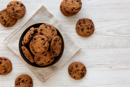 Homemade Chocolate Chip Cookies in a Bowl, top view. Copy space.