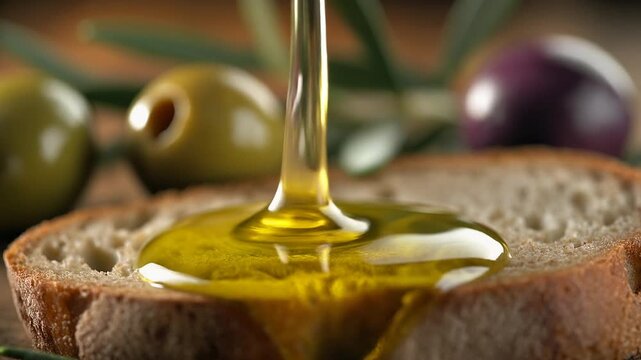 Golden extra virgin olive oil pouring onto rustic crusty bread slice in warm light, concept of healthy Mediterranean diet and organic nutrition.