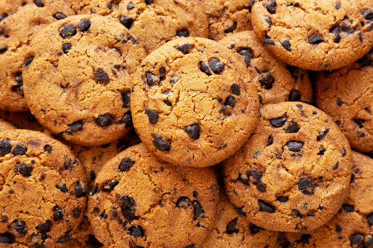 Homemade Chocolate Chip Cookies, top view. Overhead, from above.