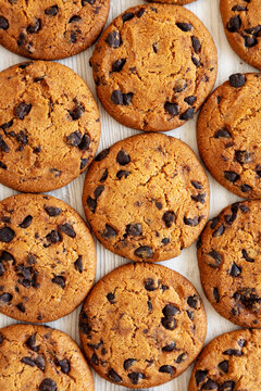 Homemade Chocolate Chip Cookies, top view. Overhead, from above.