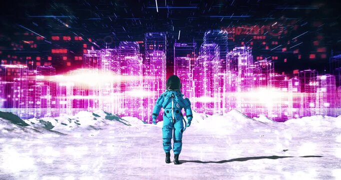 Astronaut walking on glowing planet terrain with purple neon holographic cityscape. Abstract Digital Space City Concept.