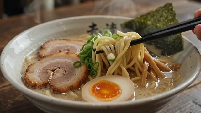 Delicious ramen bowl with pork and egg ready to eat.