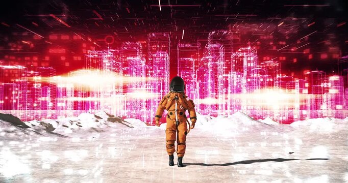Spaceman in spacesuit walking on futuristic moon landscape with digital data city. Abstract Digital Space City Concept.