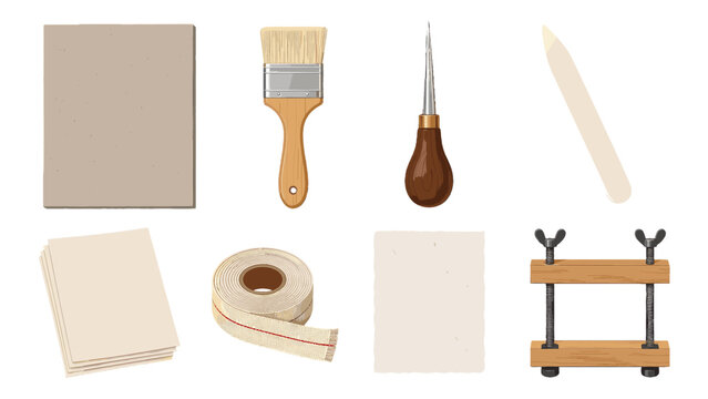 Bookbinding tools and handmade paper arranged on white background