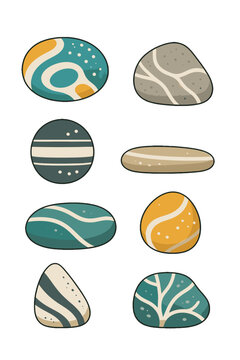Set of colorful decorative pebble stones in flat vector style