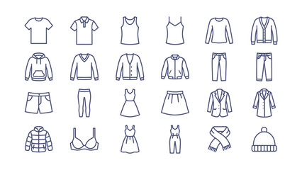 Fototapeta premium Line style clothing icons depict various garments and apparel on a white background attire fashion