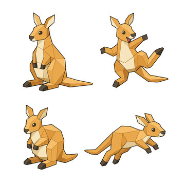 Low poly kangaroo character set in different poses