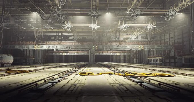 Empty industrial location, Neglected manufacturing warehouse engulfed in darkness, Deserted factory area illuminated by eerie spotlighting effects with silence