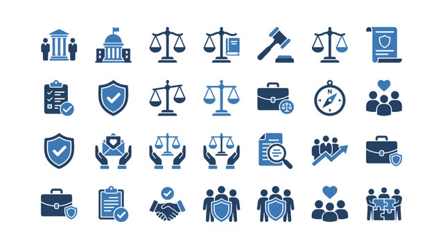 Collection Of Legal And Governmental Flat Icons In Blue Tones On A White Background law