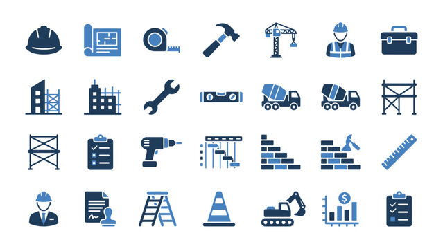 Construction industry flat icons set featuring tools blueprints and building elements on a white background