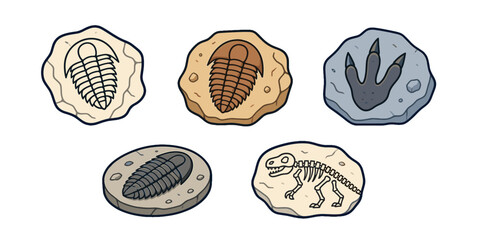 Cartoon fossil set with trilobites dinosaur footprint and skeleton © Mark