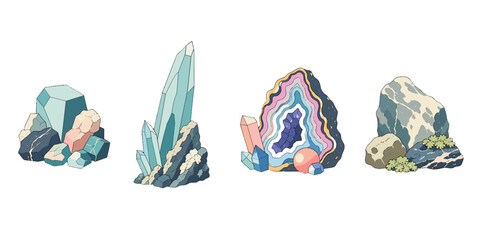 Set of colorful crystal, geode, and rock mineral illustrations © Mark