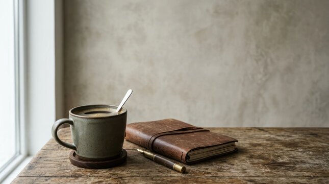 Coffee cup and journal on wooden table
