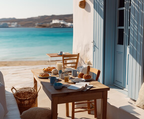 Fototapeta premium Breakfast table set on a beachfront terrace overlooking the turquoise sea , Greece.