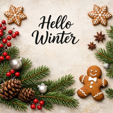 Horizontal winter flat lay with &ldquo;Hello Winter&rdquo; calligraphy, evergreen branches, red berries, gingerbread cookies, pinecones, star anise and silver ornaments on a textured off-white background.