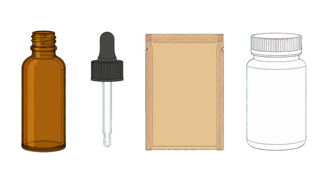 Vector set of empty bottle, dropper, sachet and plastic container