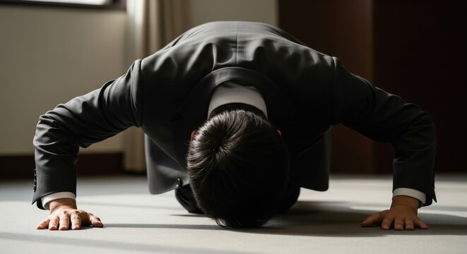 Japanese Businessman Prostrating On Carpeted Floor Apologizing Deeply In Formal Office Setting