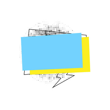 Blank light blue and yellow rectangular speech bubbles with comic pop art dots on transparent background.