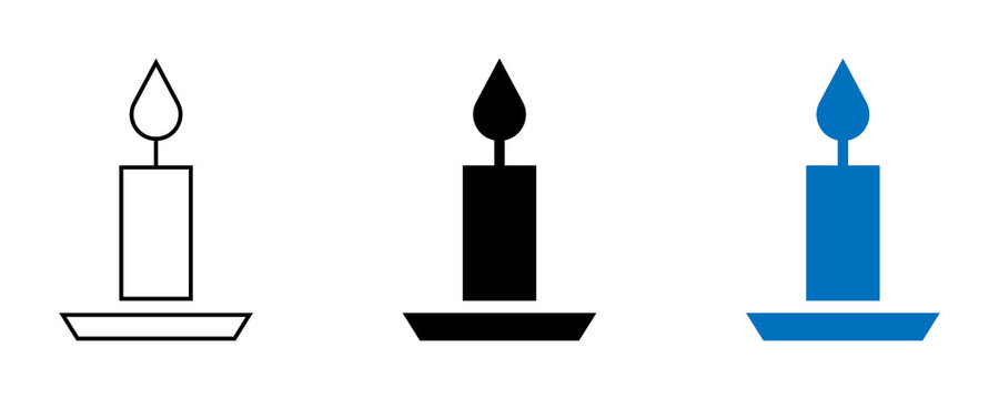 Three different candle icons on transparent background, outline, filled, and colored blue, representing various lighting options.