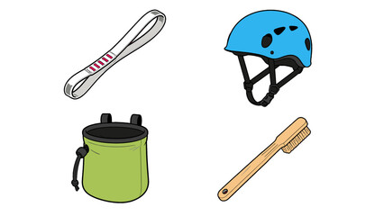 Climbing gear set with rope helmet chalk bag and brush © Mark
