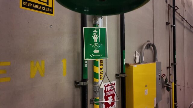 Green emergency safety shower head in industrial facility