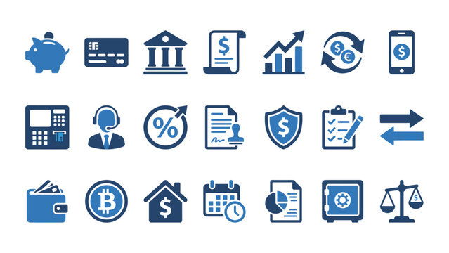 Collection Of Flat Blue Finance Icons Representing Banking Investment And Legal Concepts vector money piggy