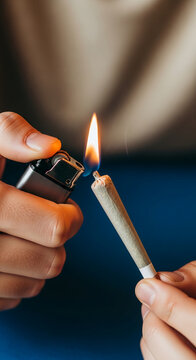 Hands igniting a hand-rolled cigarette with a lighter, showcasing a close-up view of the flame and tobacco preparation, symbolizing relaxation or ritual.