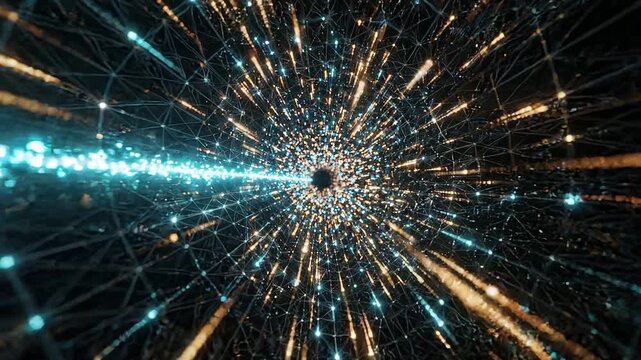 Abstract digital visualization of energy particles radiating from a central point, showcasing dynamic light trails and interconnected nodes in a dark space environment